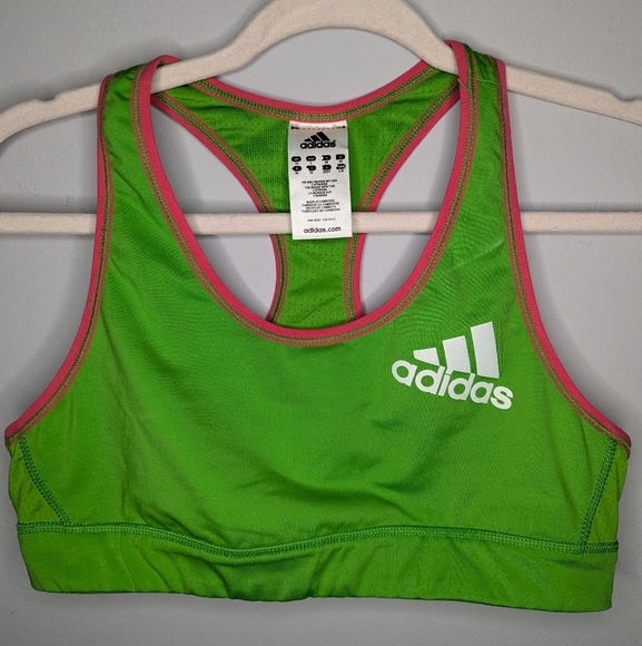 Adidas woman's green and pink sports bra with front logo size woman's Large - Picture 1 of 3
